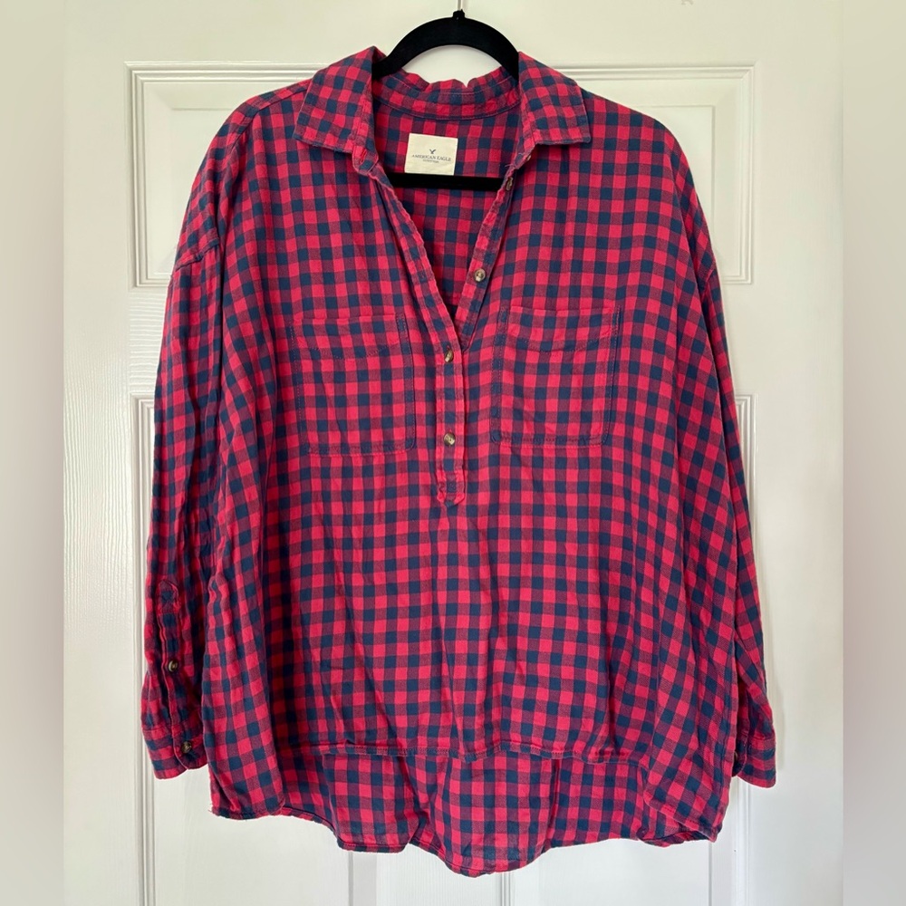 American Eagle Half-Button Popover Flannel Women’s size M Blue & Red Check